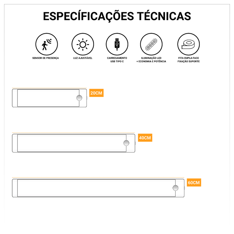 Kit Smart Luminária Inteligente Led Barra Difusa Recarregável USB com sensor de movimento Sem fio
